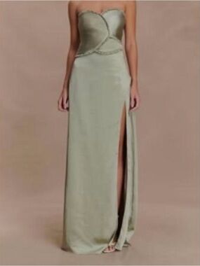 Meshki Strapless Sage Green Evening Gown with Side Slit